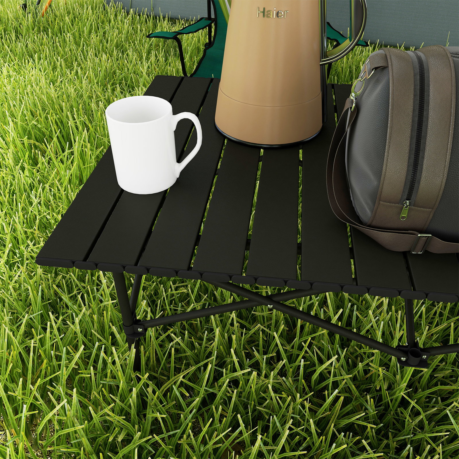 Mesa de campismo dobrável de metal com tampo enrolável e bolsa de transporte mesa de piquenique portátil 95x55x50 cm preto