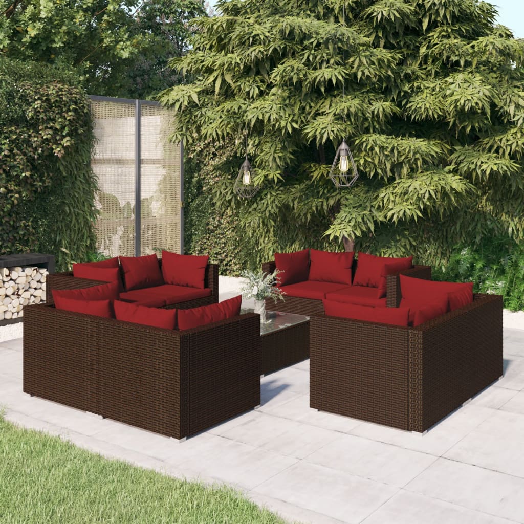 9 Pcs conjunto lounge de jardim c/ almofadões vime PE castanho