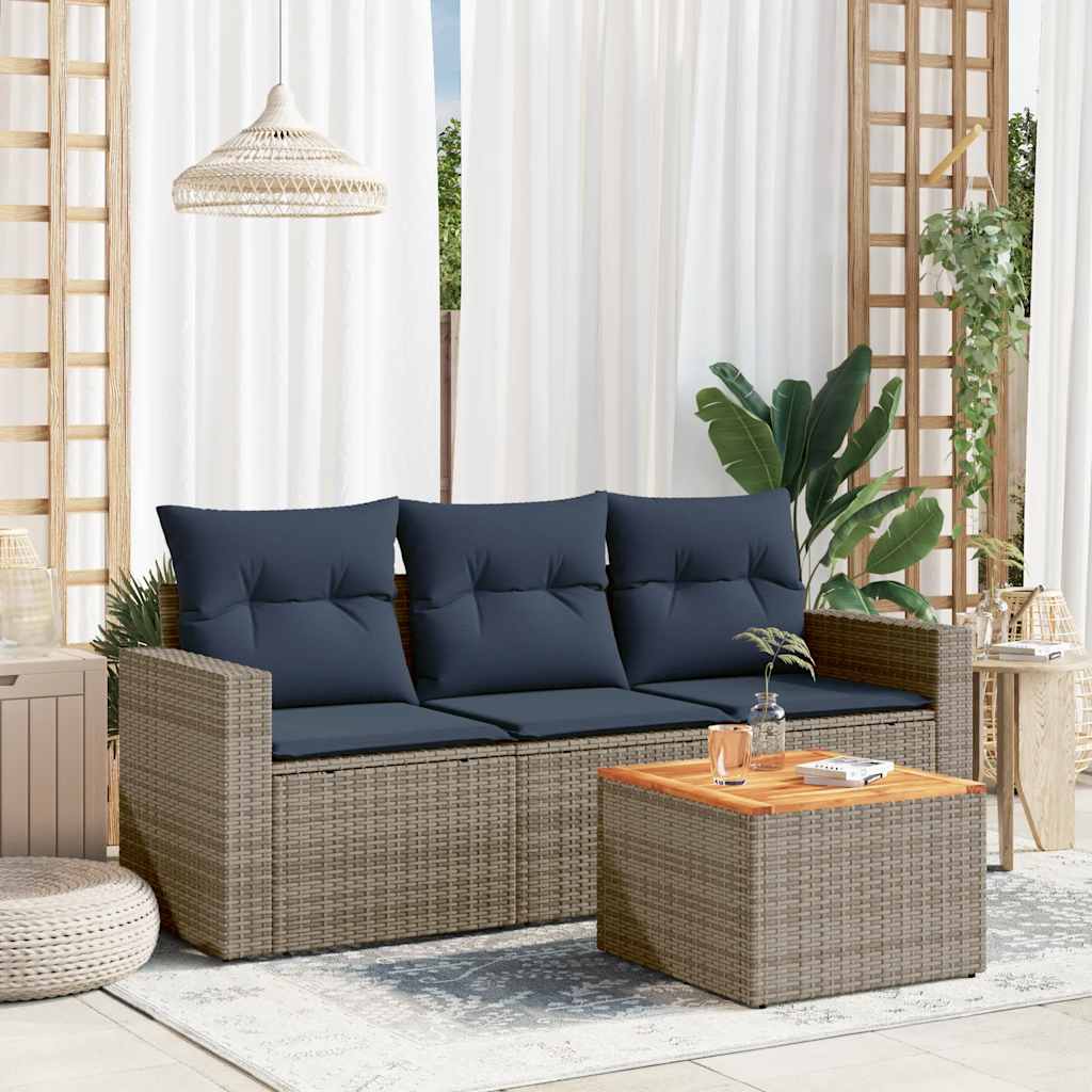 4 Pcs conjunto sofás p/ jardim c/ almofadões vime PE cinzento