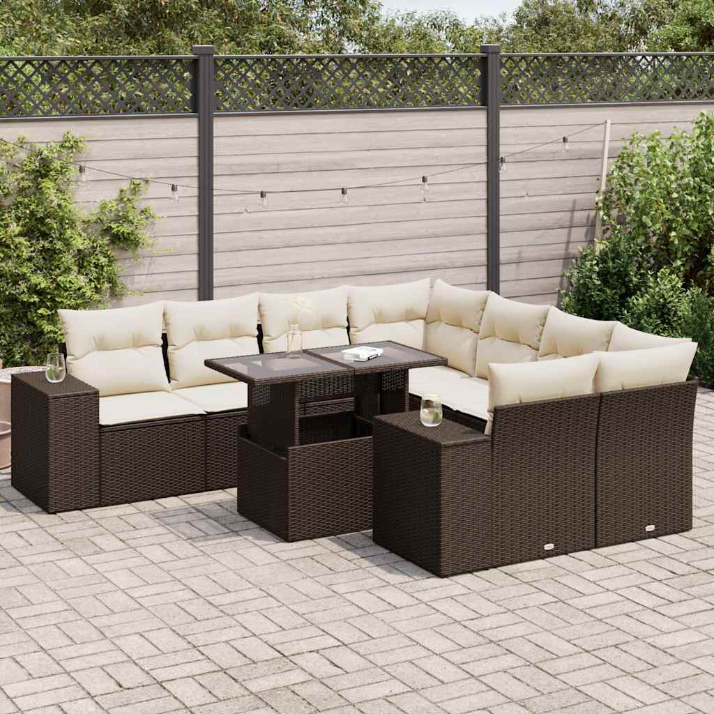 9 Pcs conjunto sofás p/ jardim c/ almofadões vime PE castanho
