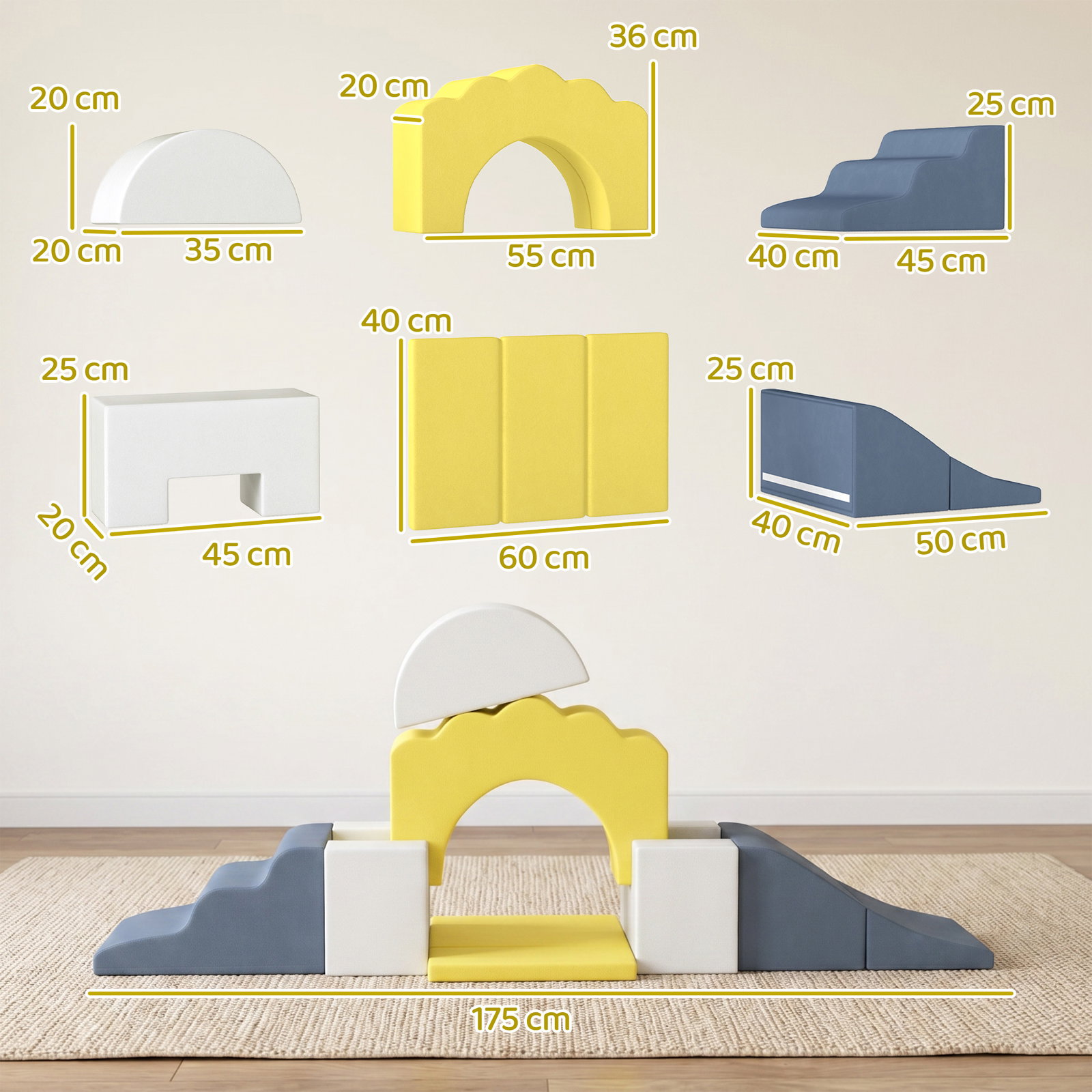Conjunto de 7 blocos de espuma para crianças com base antiderrapante 0,5-3 anos azul amarelo