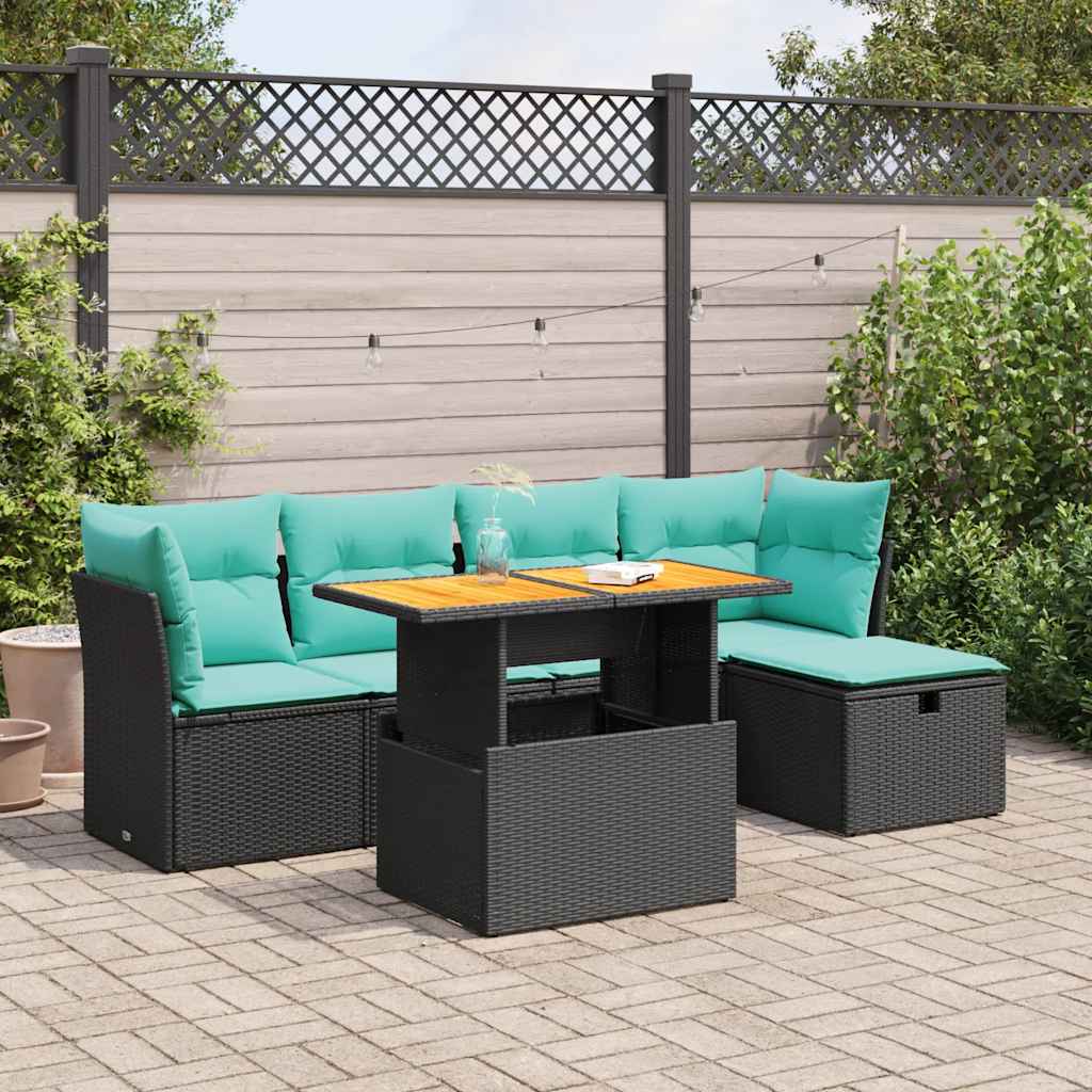 6 Pcs conjunto sofás jardim c/ almofadões vime PE/acácia preto