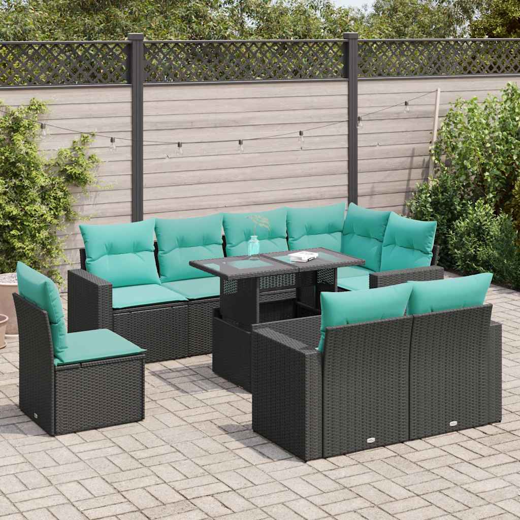 9 Pcs conjunto sofás p/ jardim almofadões vime PE/acácia preto