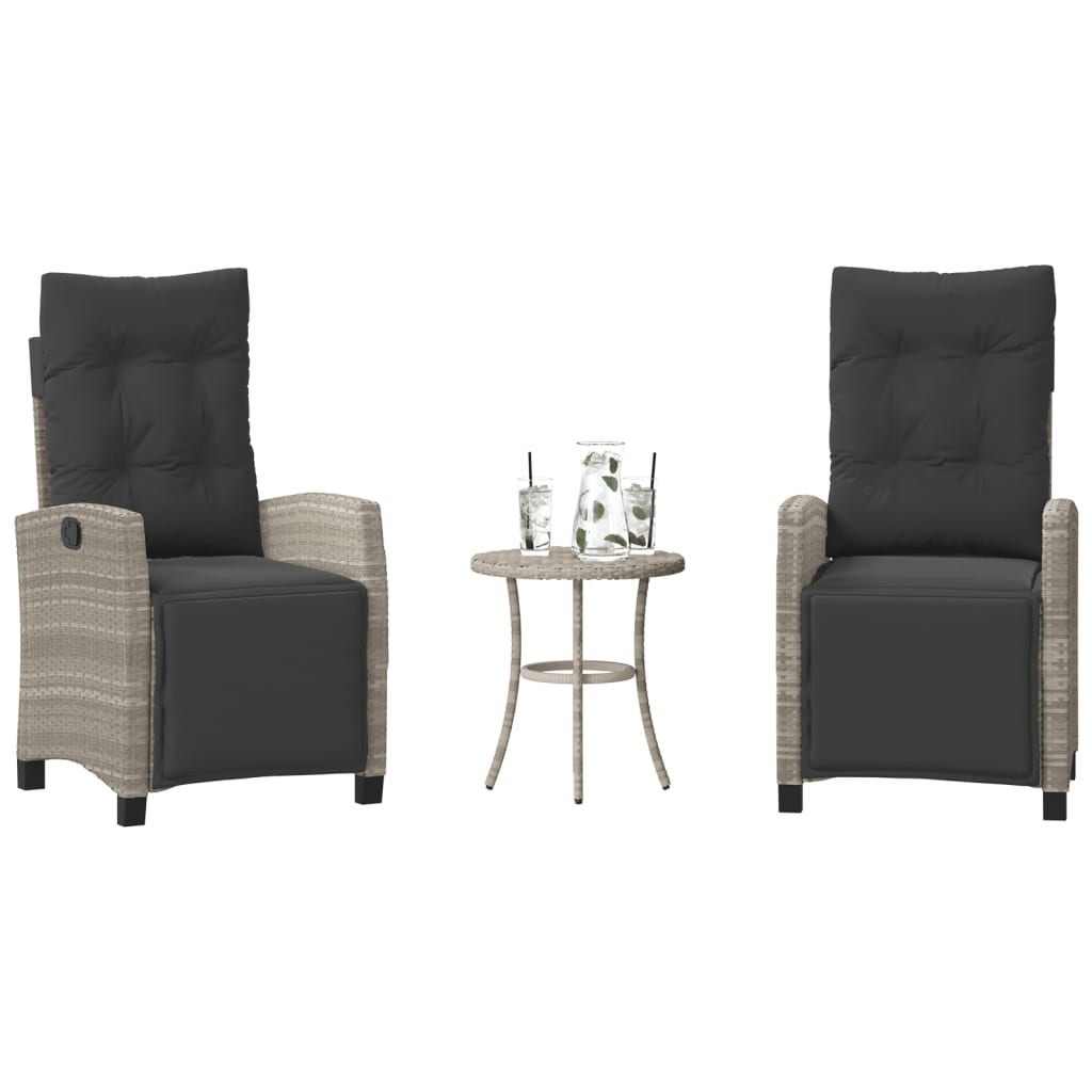 3 Pcs conjunto bistrô com almofadões vime PE cinzento claro