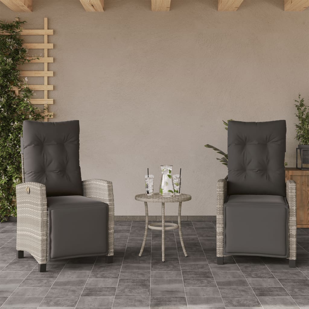 3 Pcs conjunto bistrô com almofadões vime PE cinzento claro
