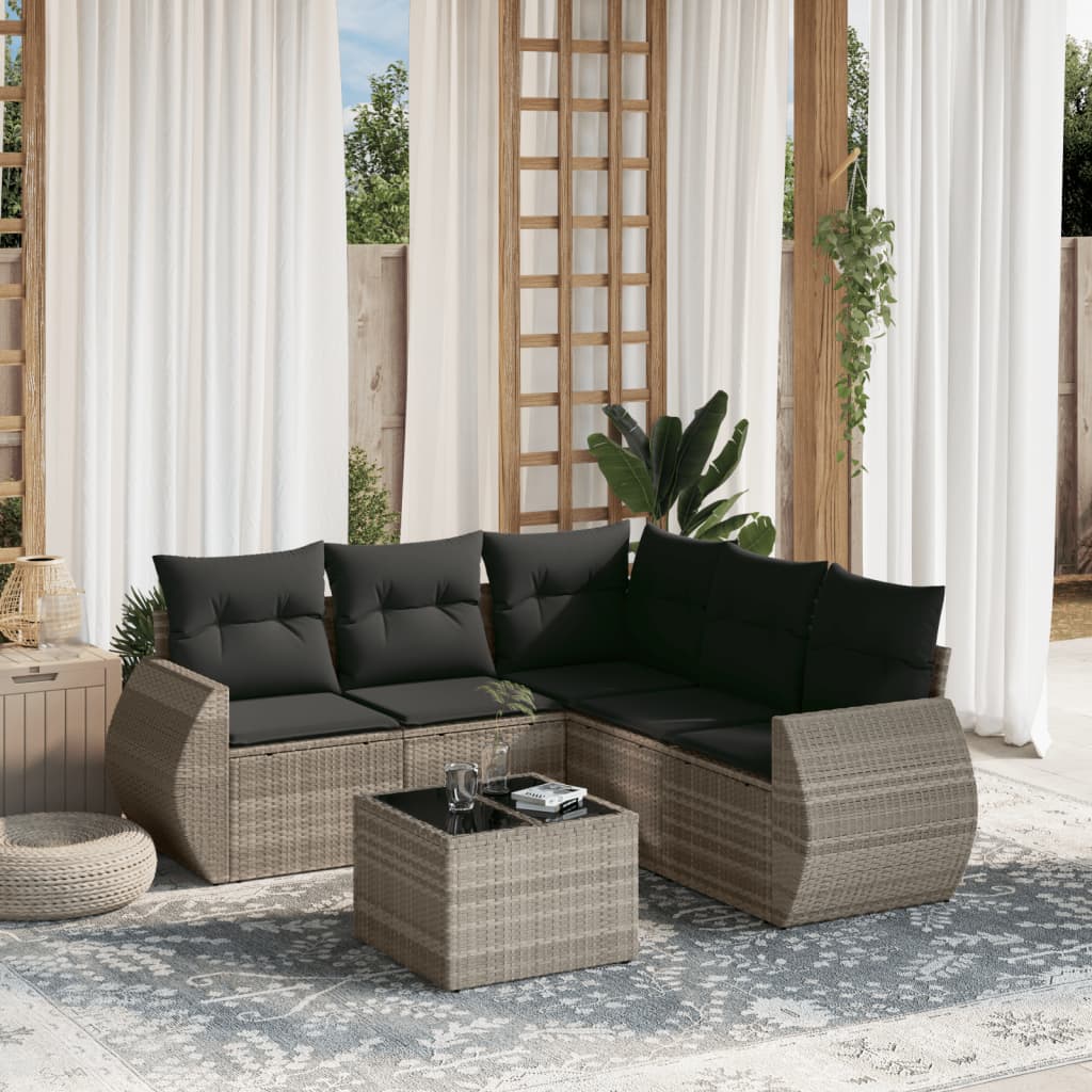 6 Pcs conj. sofás jardim com almofadões vime PE cinzento-claro