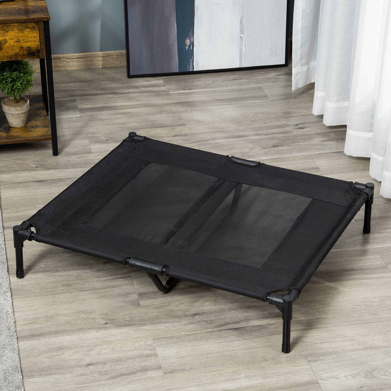 Cama elevada para cães cama de animais de estimação com malha transpirável e tecido oxford para exterior 92x76x18 cm preto