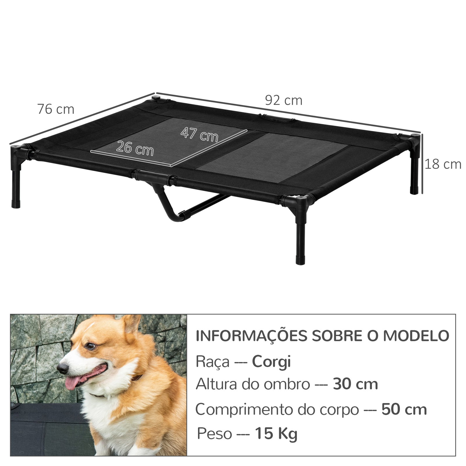 Cama elevada para cães cama de animais de estimação com malha transpirável e tecido oxford para exterior 92x76x18 cm preto