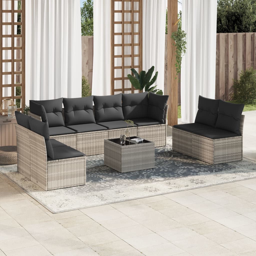 9 Pcs conj. sofás jardim com almofadões vime PE cinzento-claro