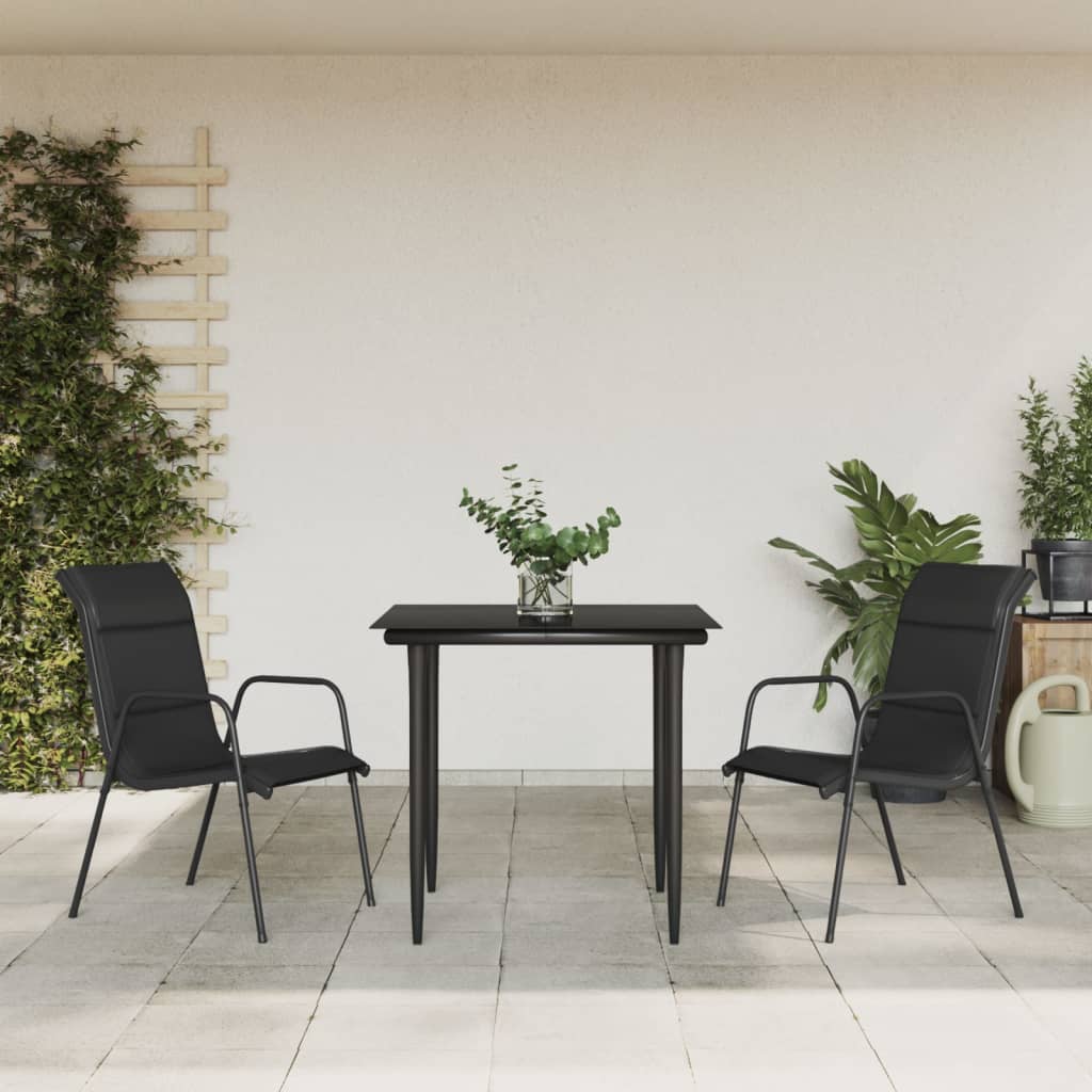 3 Pcs conjunto de jantar para jardim aço e textilene preto