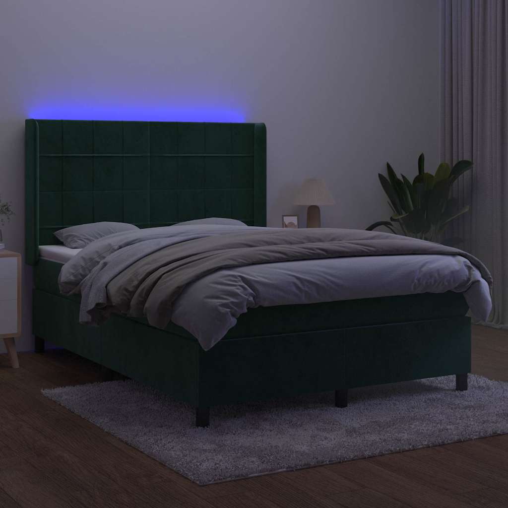 Cama box spring c/ colchão/LED 140x200 cm veludo verde-escuro