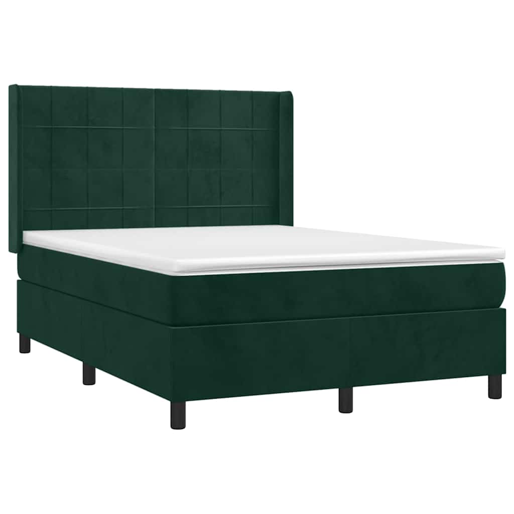 Cama box spring c/ colchão/LED 140x200 cm veludo verde-escuro