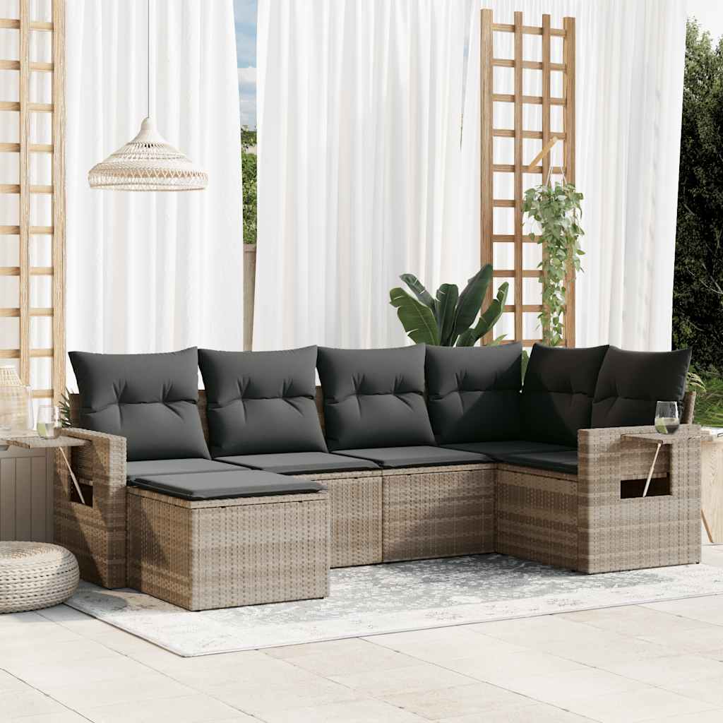 6 Pcs conj. sofás jardim com almofadões vime PE cinzento-claro
