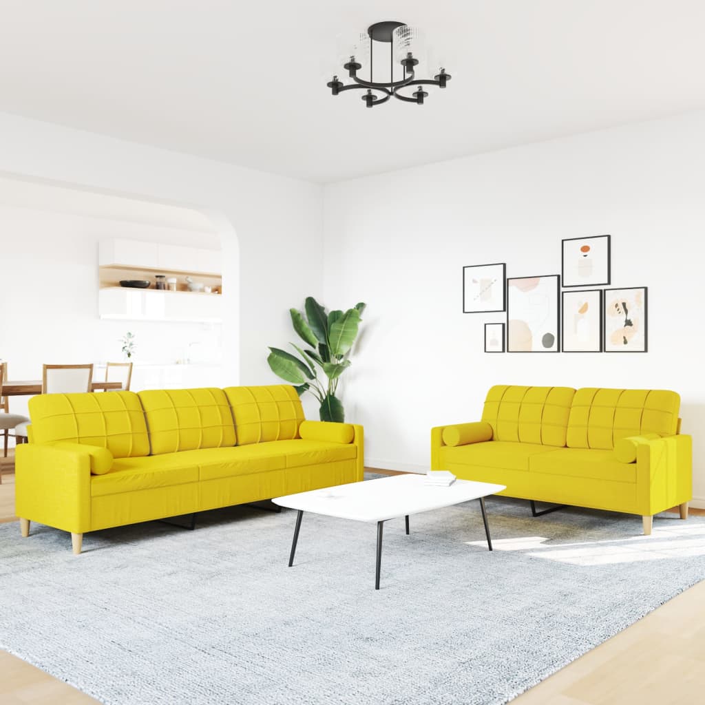 2 Pcs conjunto de sofás com almofadas tecido amarelo-claro