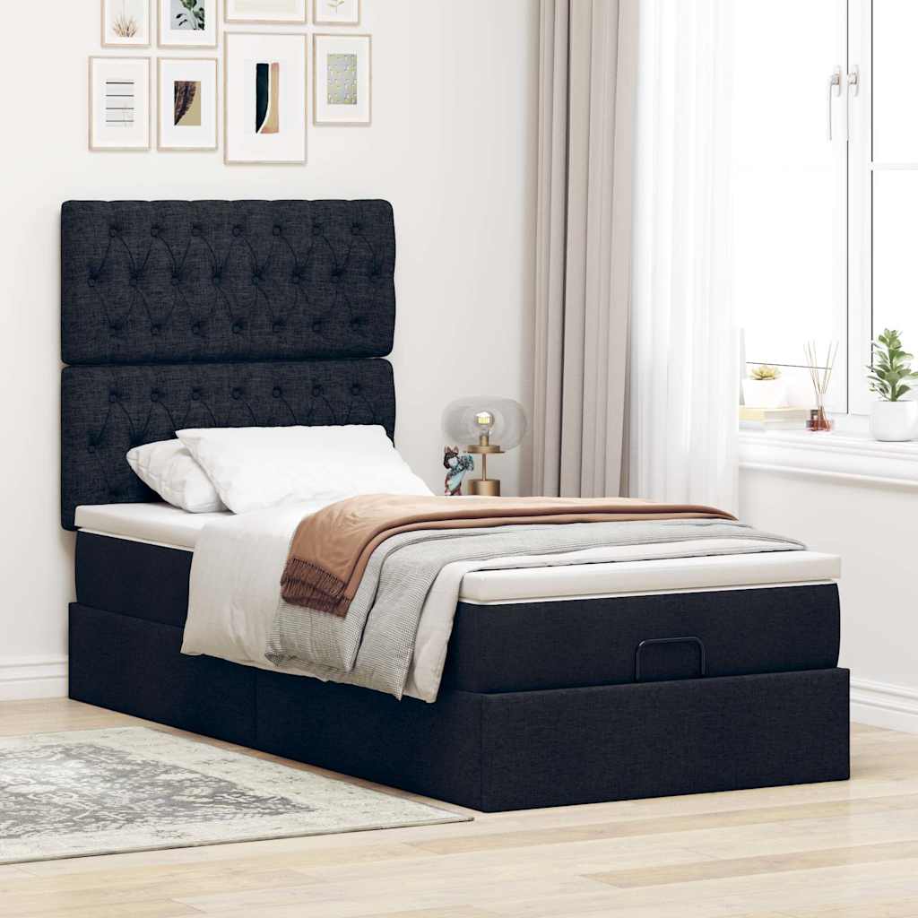 Cama otomana com colchão 100x200 cm tecido preto