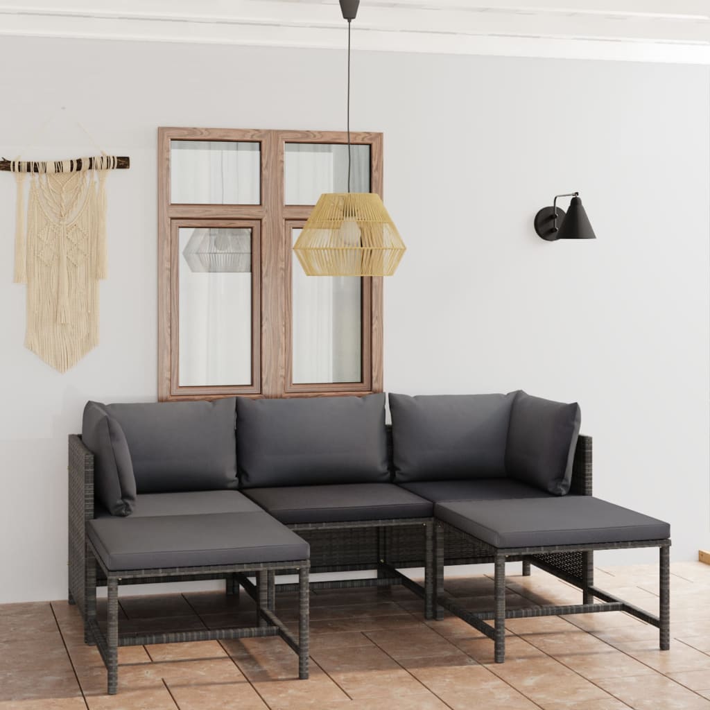 5 Pcs conjunto lounge de jardim c/ almofadões vime PE cinzento