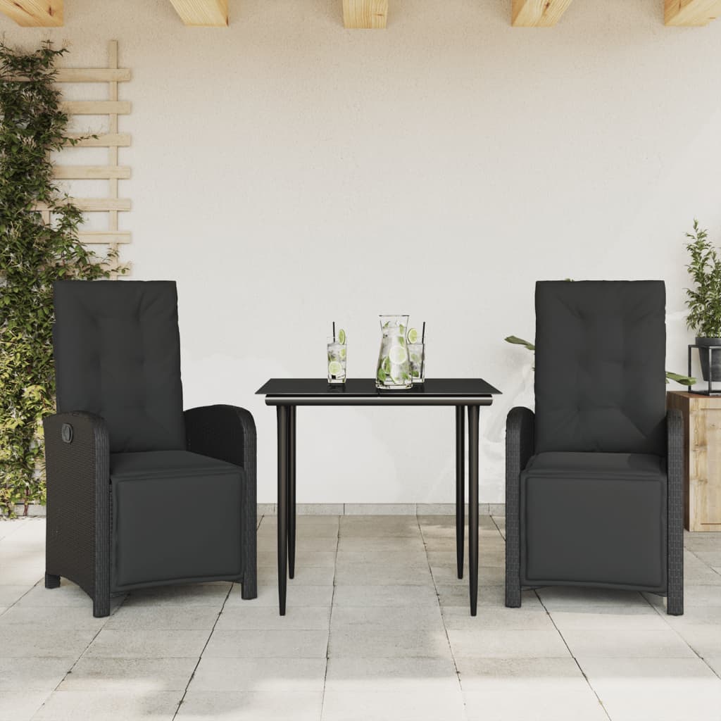3 Pcs conjunto de bistrô com almofadões vime PE preto
