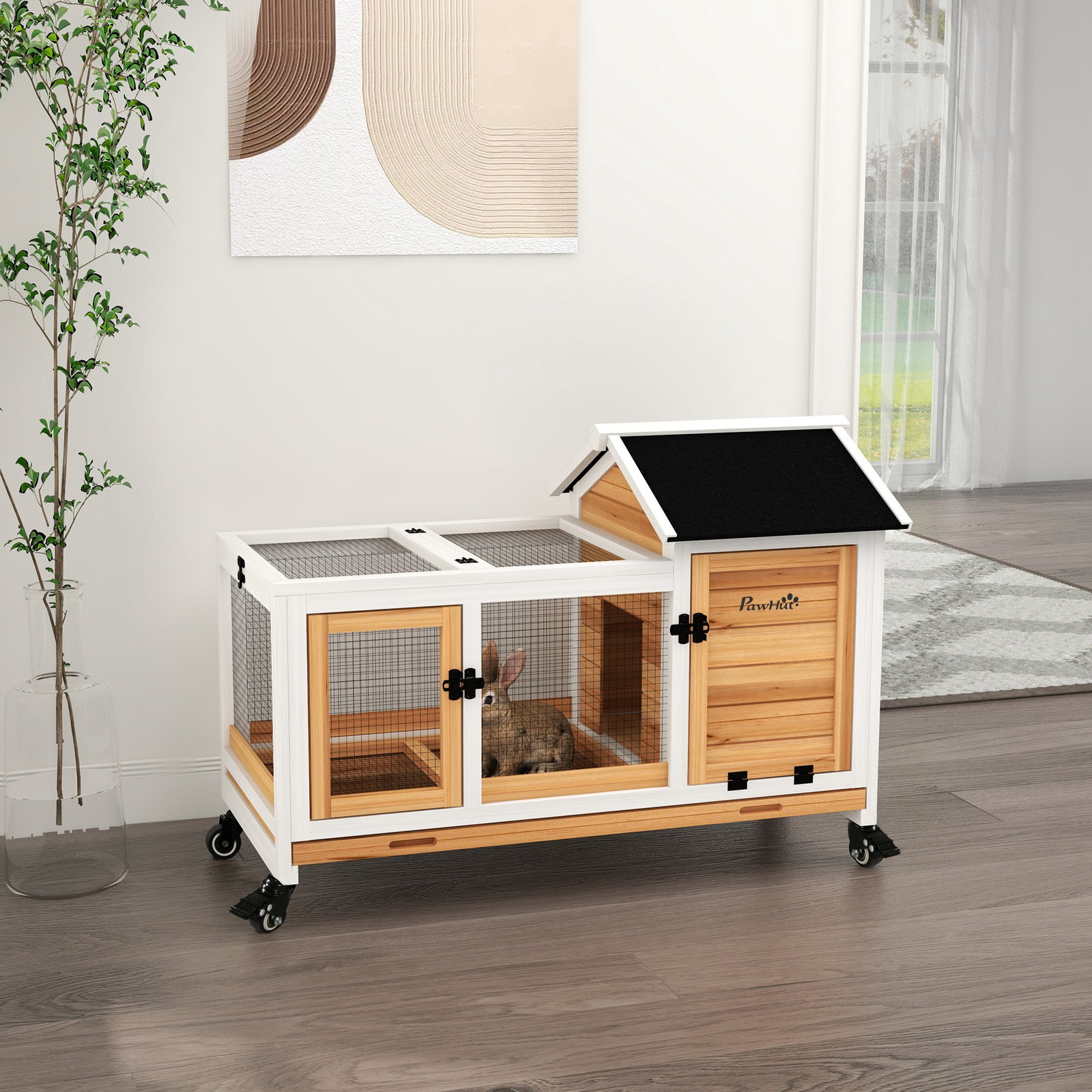 Coelheira de madeira com rodas para 1-2 coelhos com teto abatível bandeja amovível 108x58x73,5 cm madeira e branco