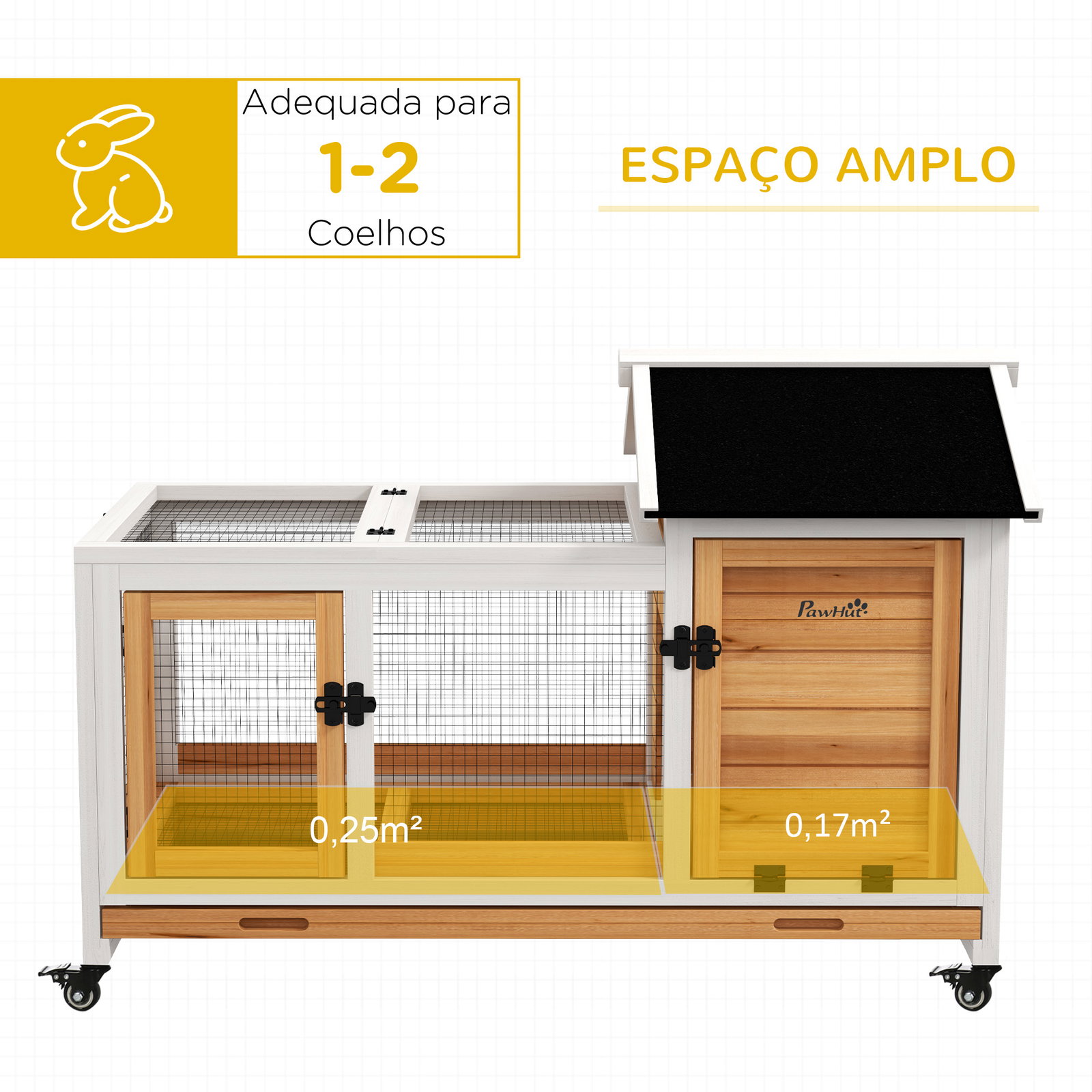 Coelheira de madeira com rodas para 1-2 coelhos com teto abatível bandeja amovível 108x58x73,5 cm madeira e branco