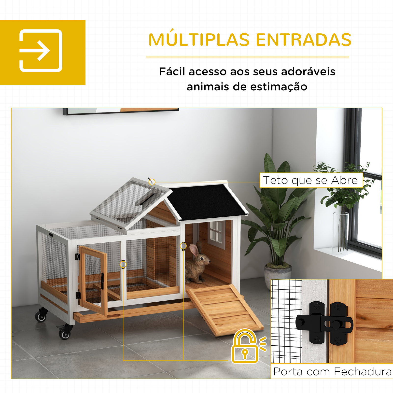 Coelheira de madeira com rodas para 1-2 coelhos com teto abatível bandeja amovível 108x58x73,5 cm madeira e branco
