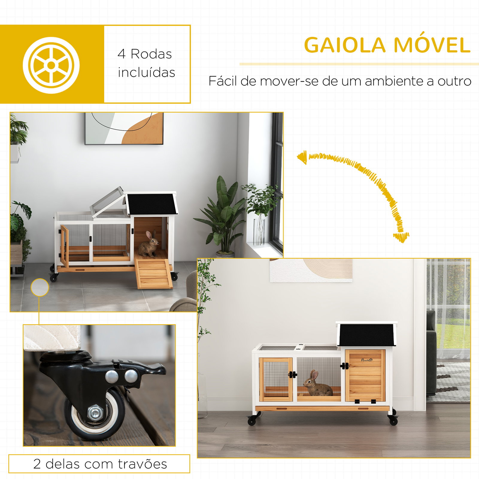 Coelheira de madeira com rodas para 1-2 coelhos com teto abatível bandeja amovível 108x58x73,5 cm madeira e branco