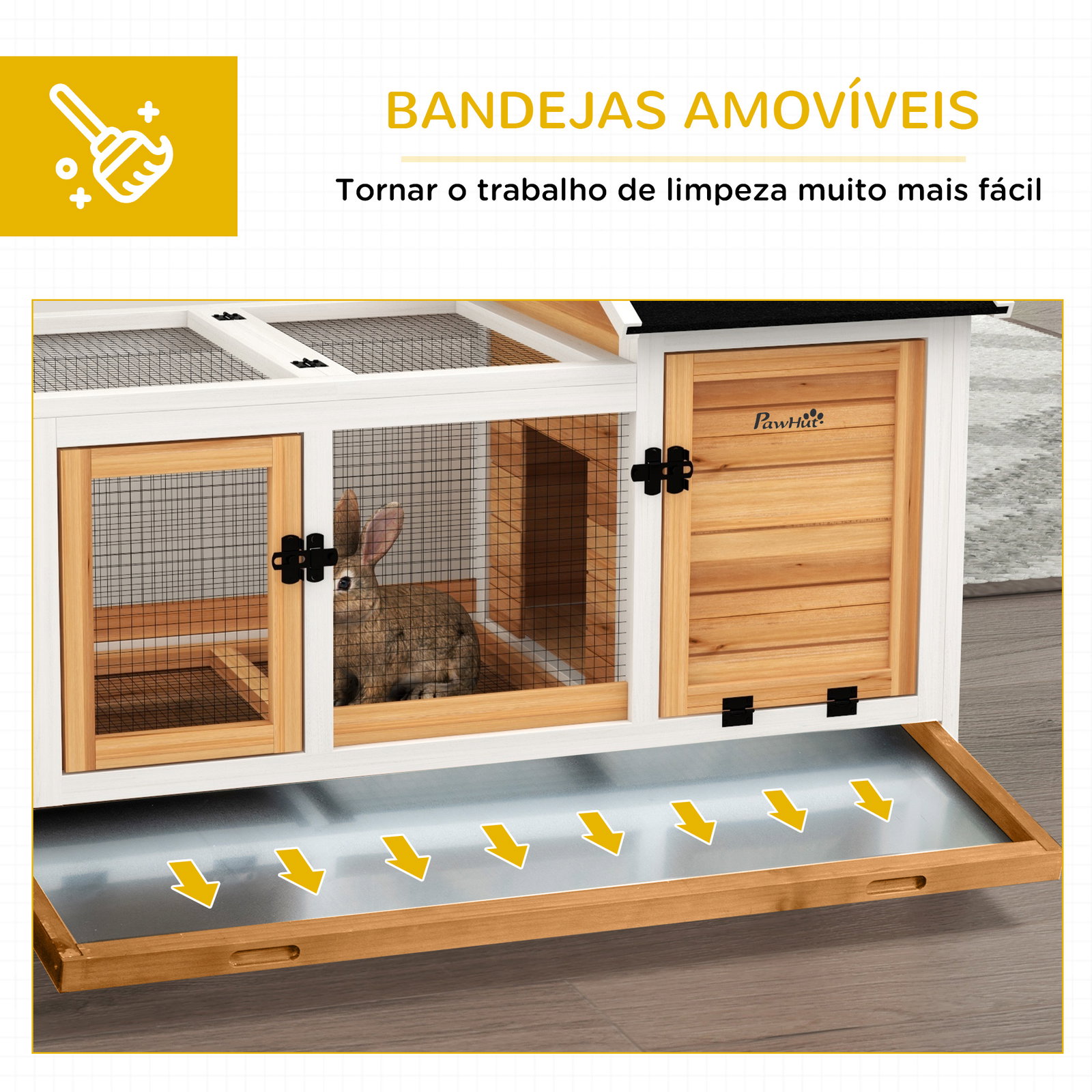 Coelheira de madeira com rodas para 1-2 coelhos com teto abatível bandeja amovível 108x58x73,5 cm madeira e branco