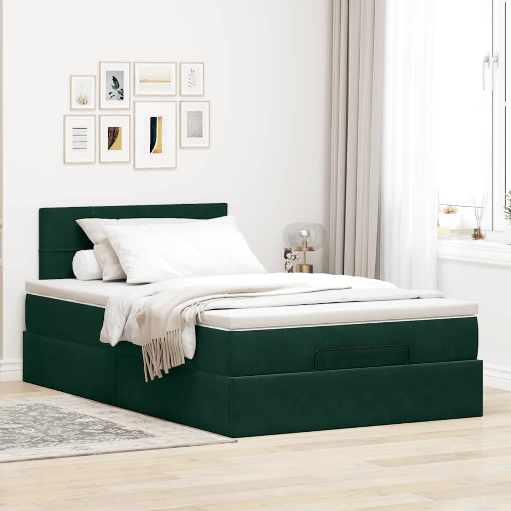 Cama otomana com colchão 120x190 cm veludo verde-escuro
