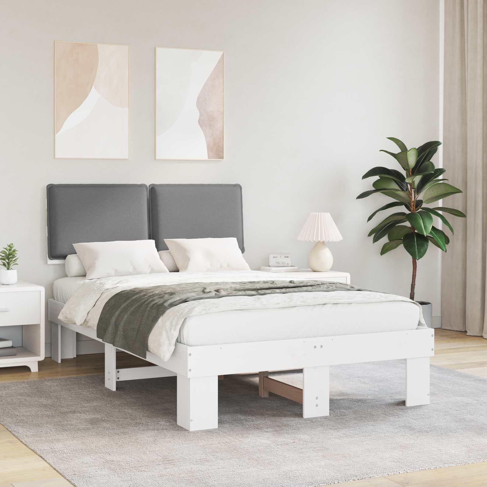 Estrutura de cama com cabeceira estofada cinzento-claro