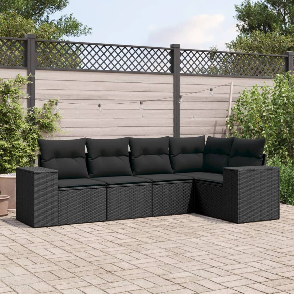 5 Pcs conjunto sofás de jardim com almofadões vime PE preto