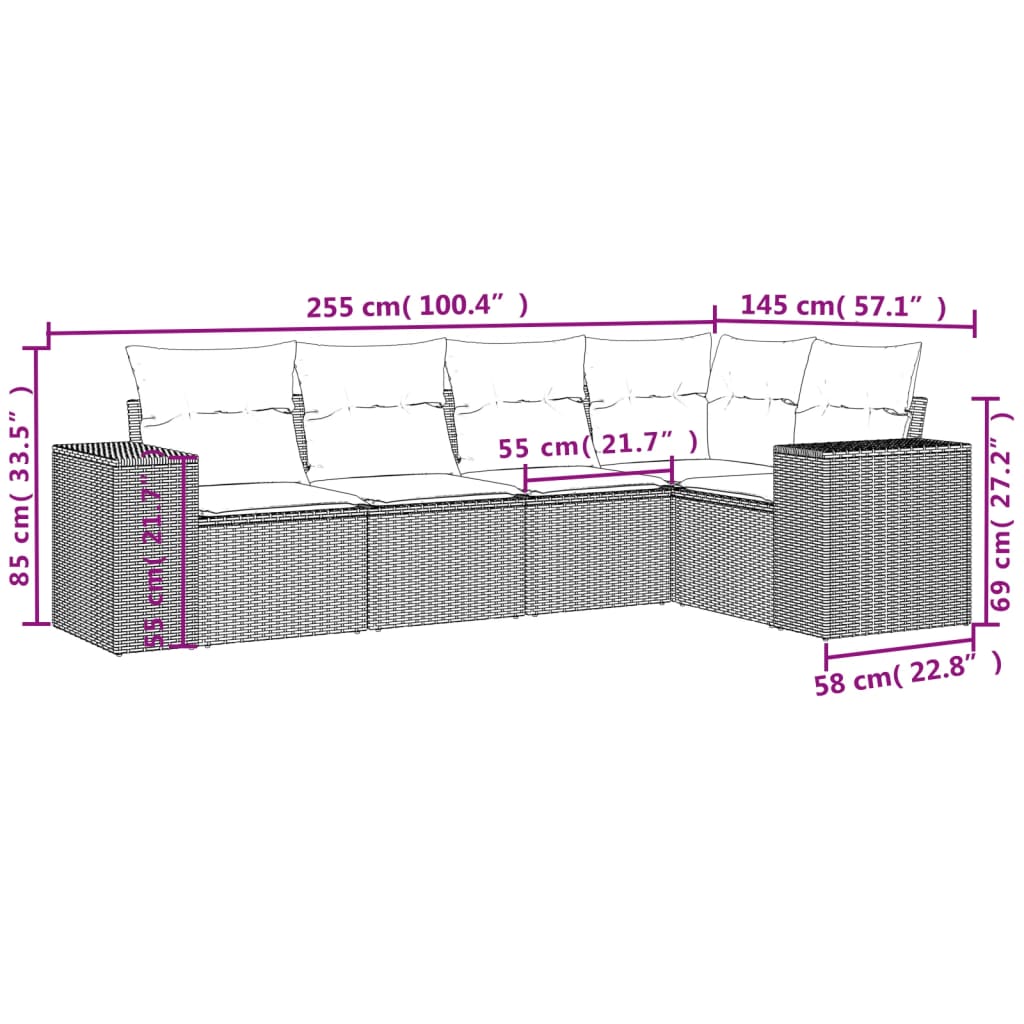 5 Pcs conjunto sofás de jardim com almofadões vime PE preto