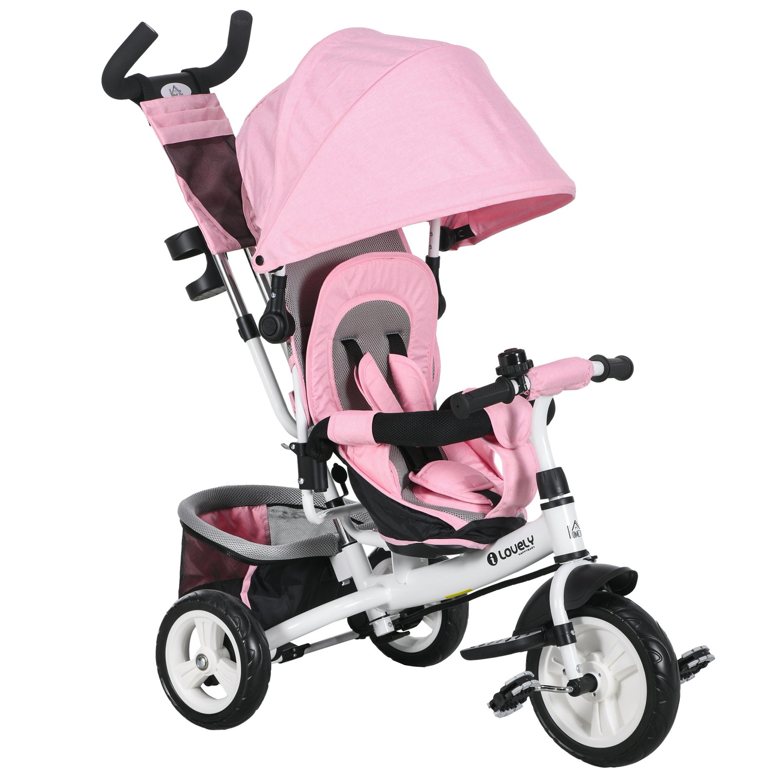 Triciclo para bebés evolutivo com capota dobrável guiador telescópico e removível bolsa e porta-garrafas 102x49x102 cm rosa