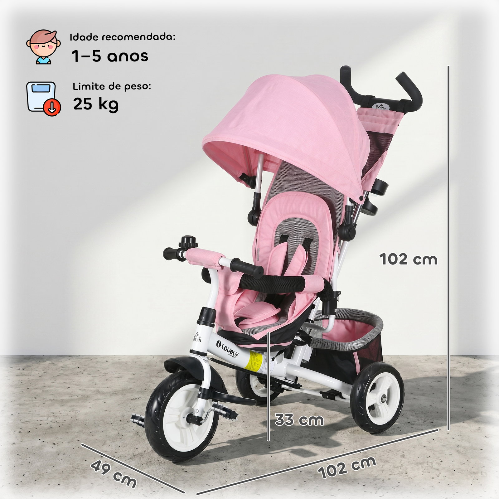 Triciclo para bebés evolutivo com capota dobrável guiador telescópico e removível bolsa e porta-garrafas 102x49x102 cm rosa