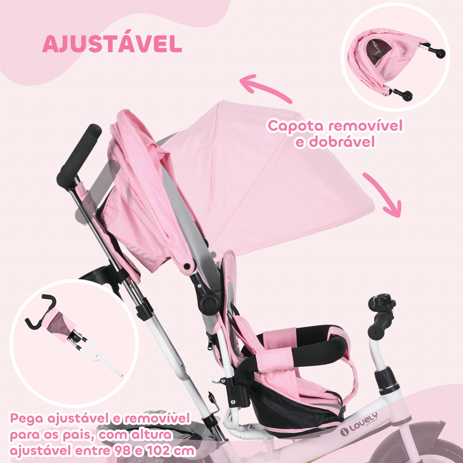 Triciclo para bebés evolutivo com capota dobrável guiador telescópico e removível bolsa e porta-garrafas 102x49x102 cm rosa