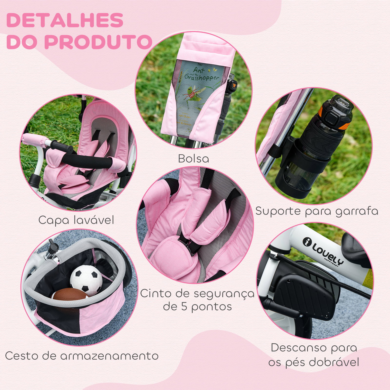 Triciclo para bebés evolutivo com capota dobrável guiador telescópico e removível bolsa e porta-garrafas 102x49x102 cm rosa