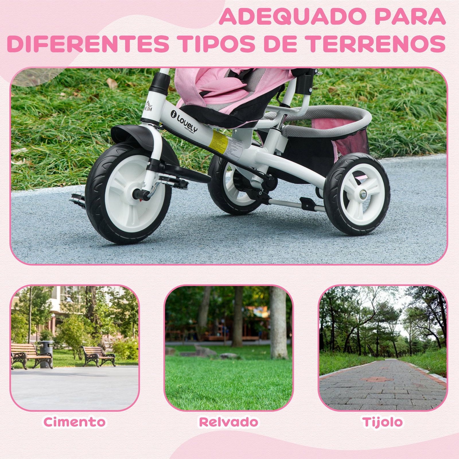 Triciclo para bebés evolutivo com capota dobrável guiador telescópico e removível bolsa e porta-garrafas 102x49x102 cm rosa