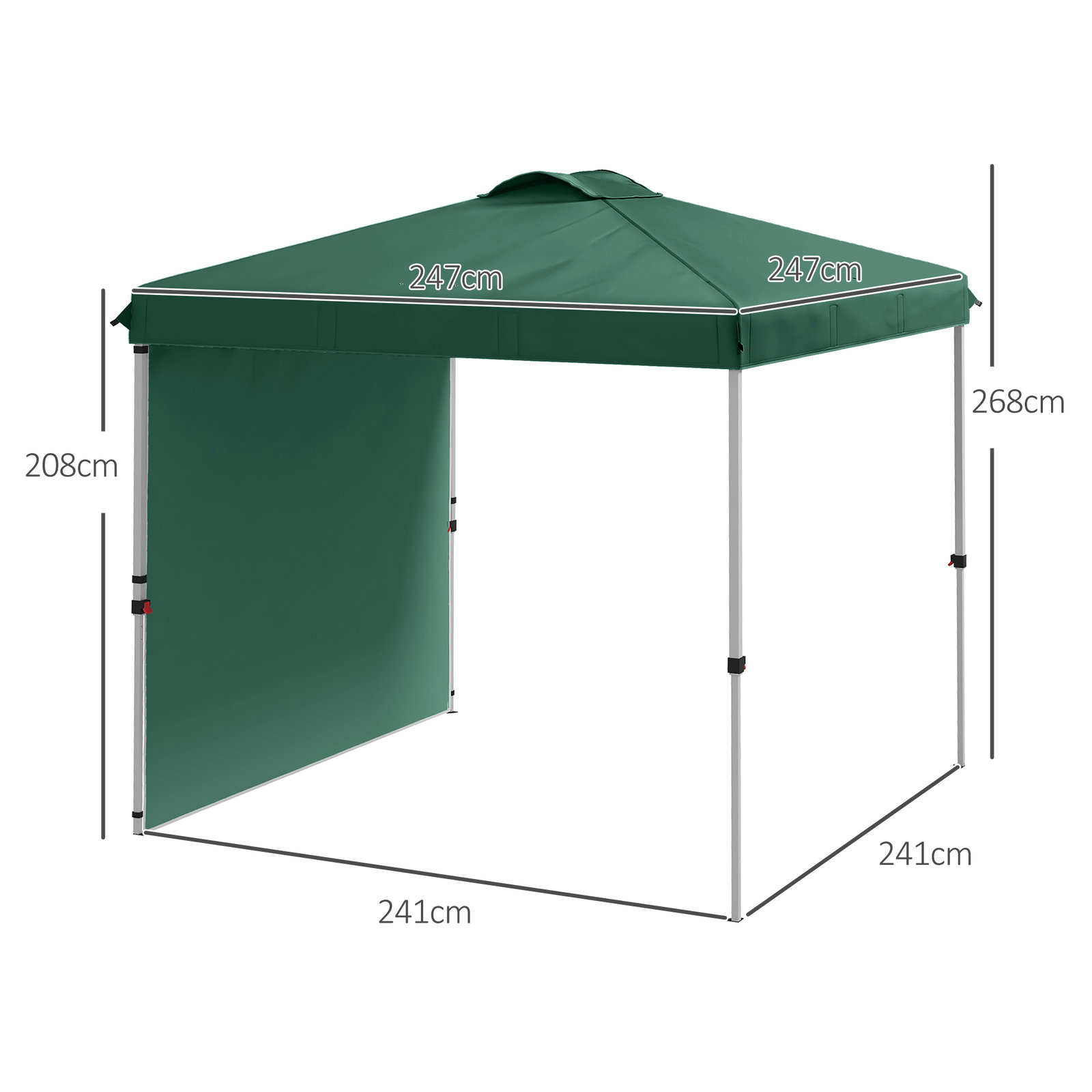 Tenda dobrável 2,5x2,5 m tenda de jardim com 1 parede lateral altura ajustável para campismo festas verde