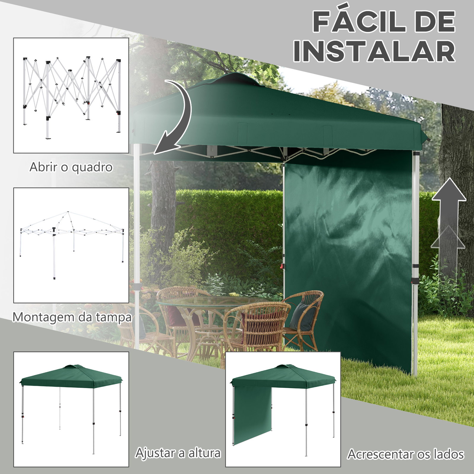 Tenda dobrável 2,5x2,5 m tenda de jardim com 1 parede lateral altura ajustável para campismo festas verde