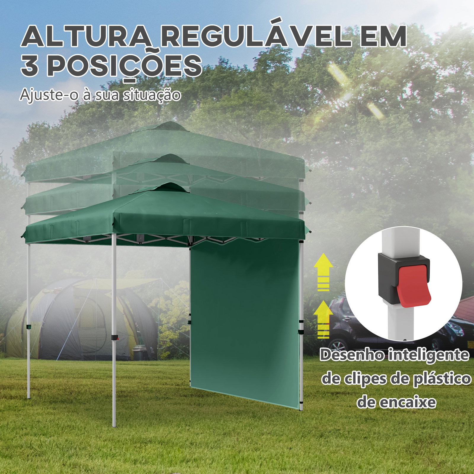 Tenda dobrável 2,5x2,5 m tenda de jardim com 1 parede lateral altura ajustável para campismo festas verde