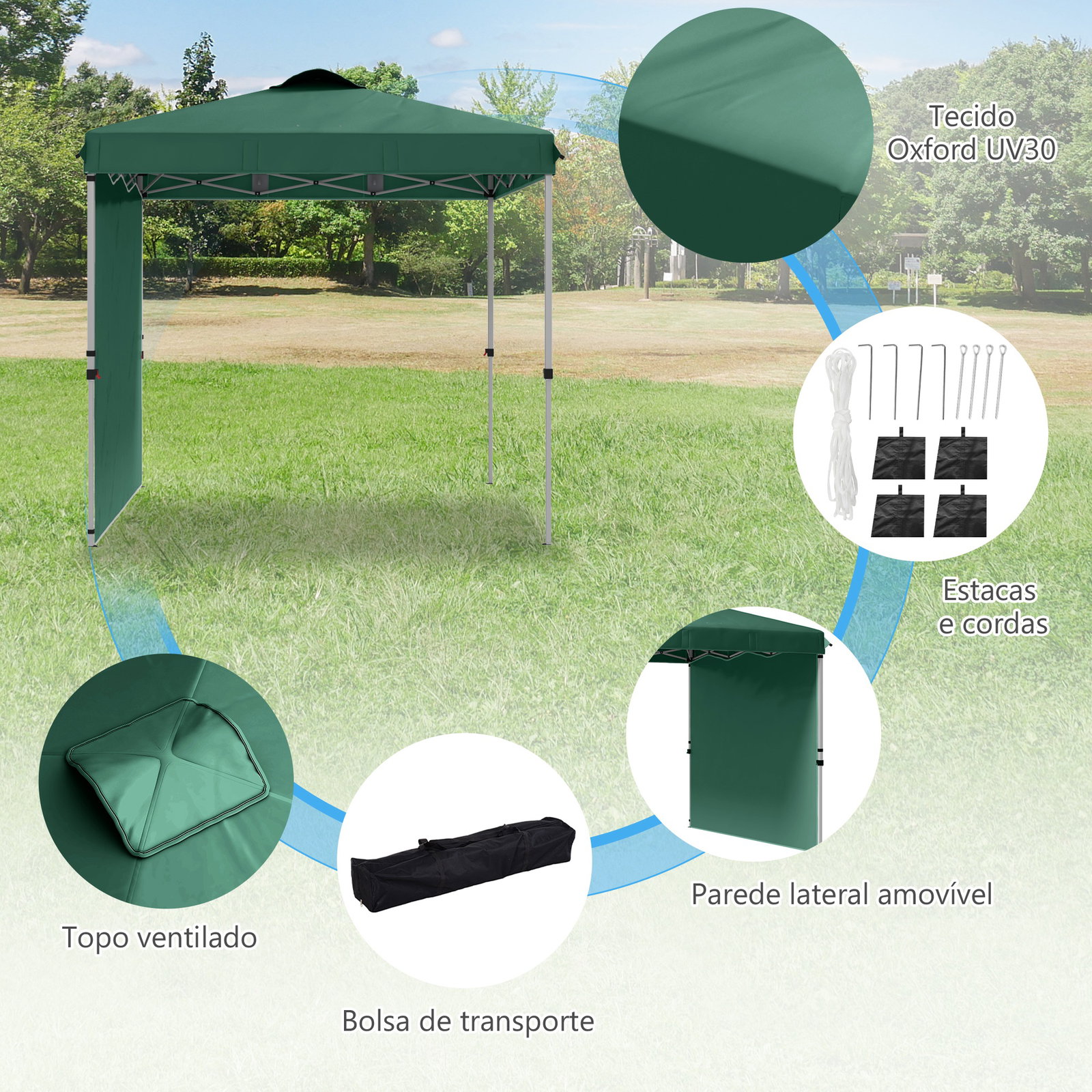 Tenda dobrável 2,5x2,5 m tenda de jardim com 1 parede lateral altura ajustável para campismo festas verde