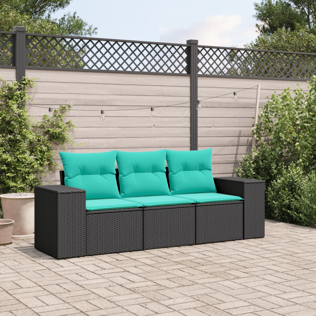 Conjunto de sofá de jardim de 3 peças com almofadas em rattan sintético preto