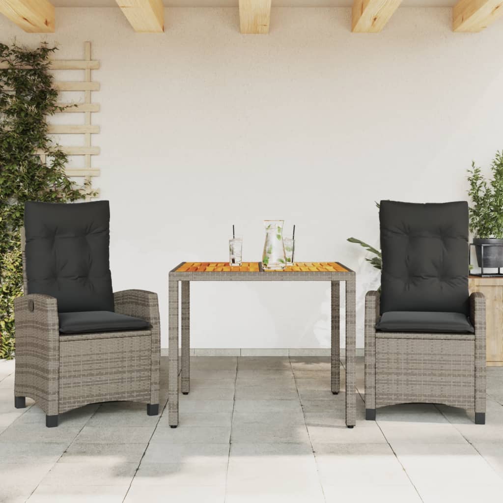 3 Pcs conjunto de jantar p/ jardim c/ almofadões vime PE cinza