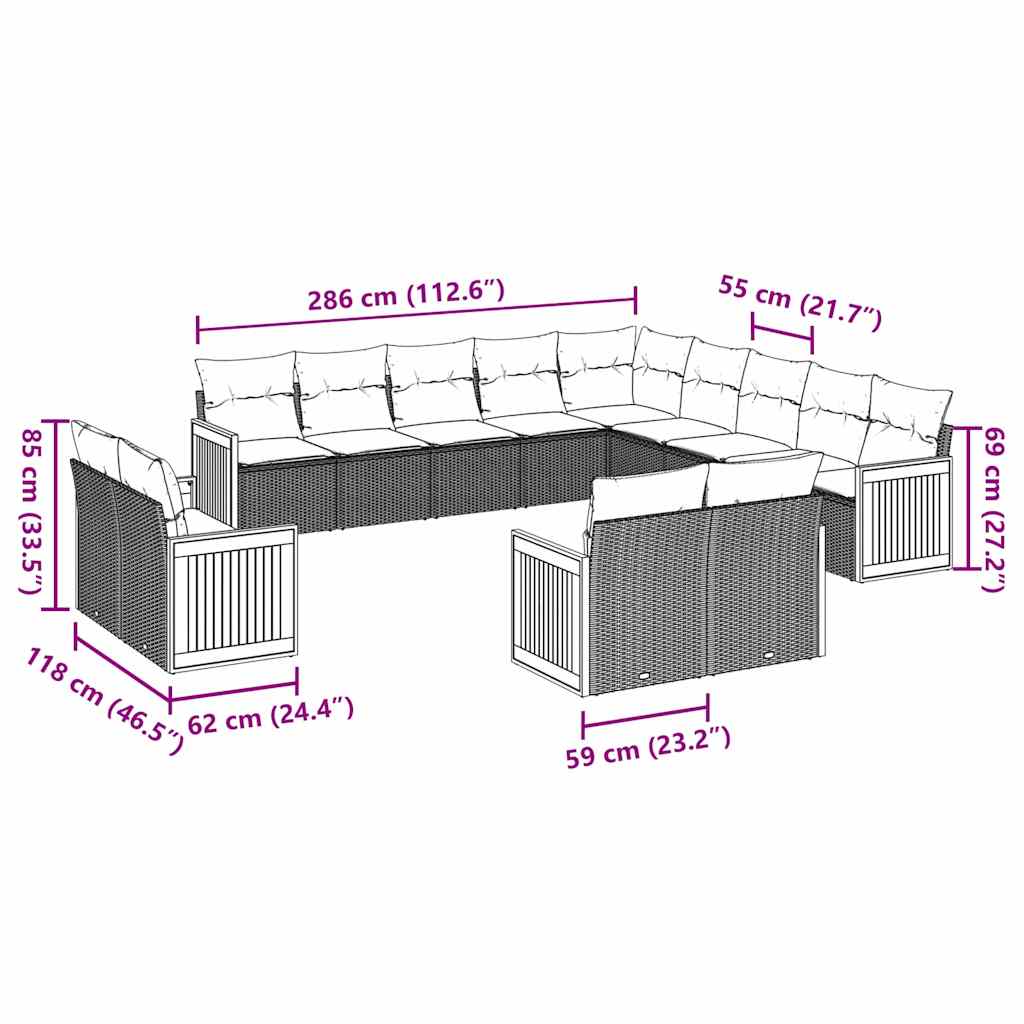 13 Pcs conjunto de sofás de jardim com almofadões vime PE preto