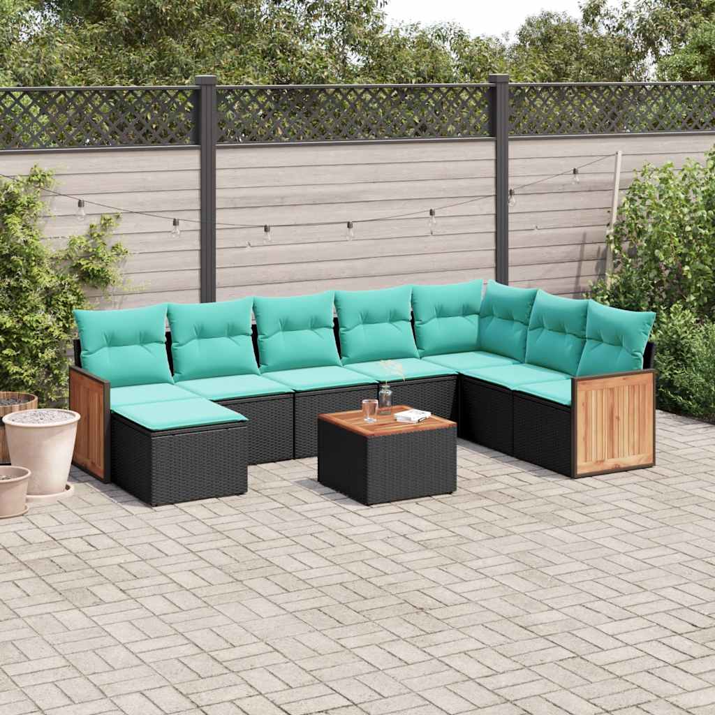 Conjunto de sofá de jardim de 9 peças com almofadas em rattan sintético preto