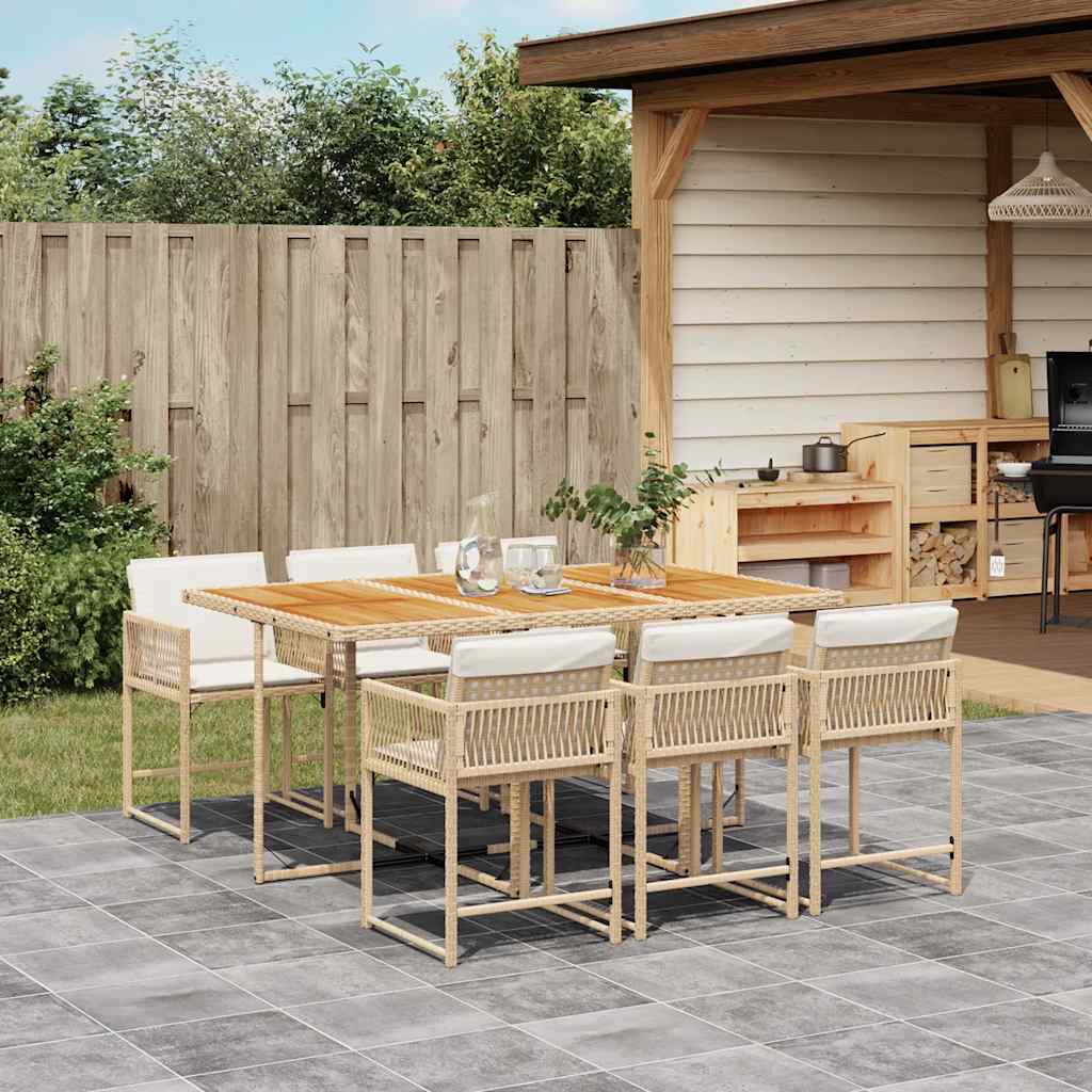 7 Pcs conjunto de jantar p/ jardim com almofadões vime PE bege