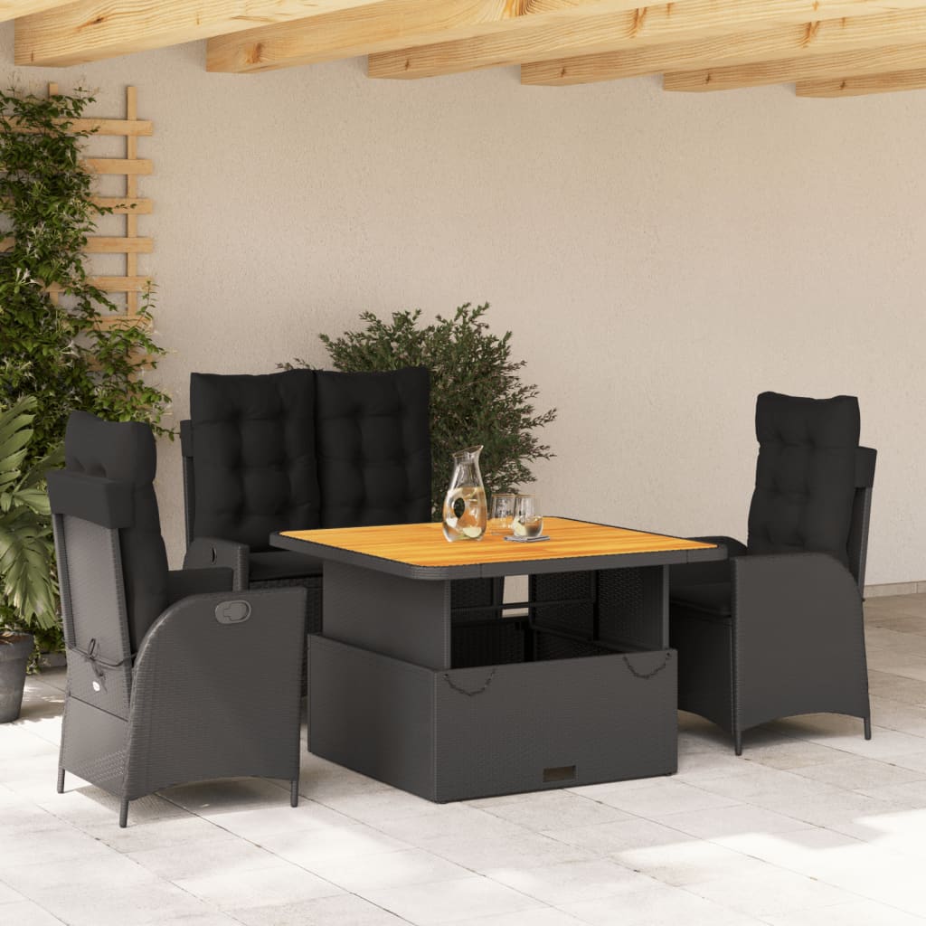 4 Pcs conjunto de jardim p/ jardim c/ almofadões vime PE preto
