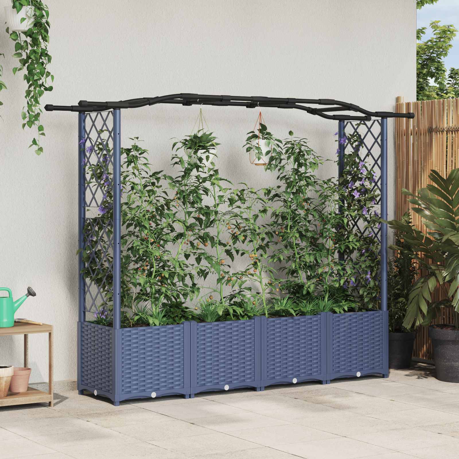 Cama elevada com treliça e telhado cinzento 204 x 40 x 138 cm