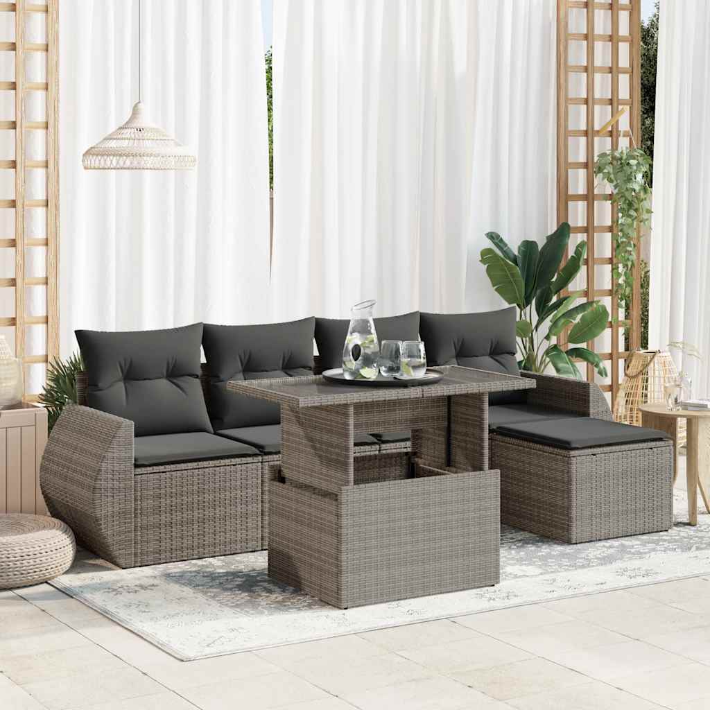 6 Pcs conjunto sofás de jardim com almofadões vime cinzento