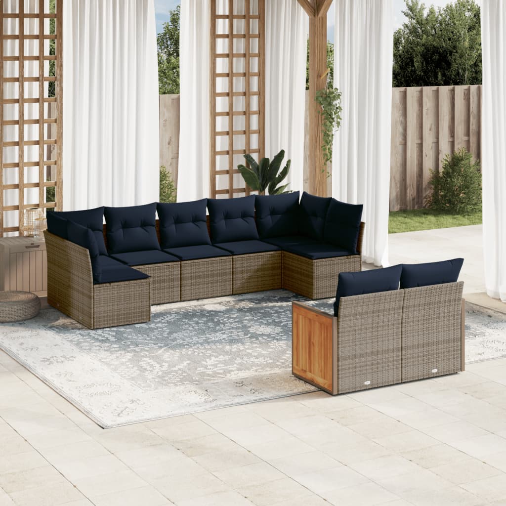 Conjunto de sofá de jardim de 9 peças com almofadas em rattan sintético cinza