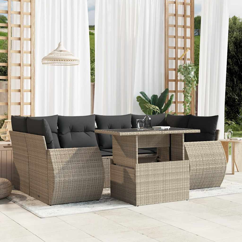7 Pcs conj. sofás jardim com almofadões vime PE cinzento-claro