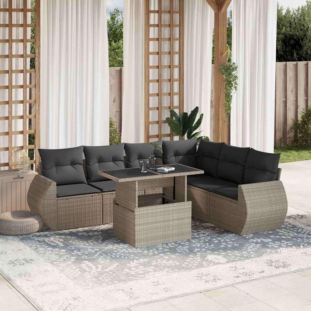 7 Pcs conj. sofás jardim com almofadões vime PE cinzento-claro